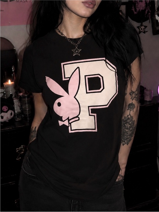 PLAYBOY Tops - PLAYBOY Varsity Style Short Sleeve Detail Essential Stylish Tee with Pink Bunny